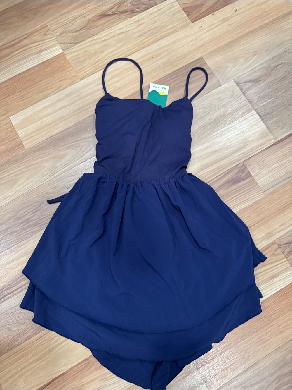 HALARA Navy Spaghetti Strap Party Dress with lace up back